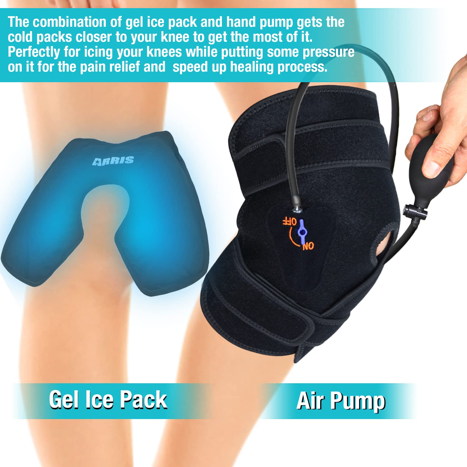 ARRIS Knee Ice Pack Wrap - Cold Compression Knee Brace with Pump - Hot Cold Therapy for Pain Relief