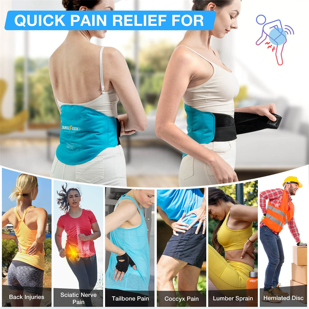 DUKUSEEK Reusable Gel Back Ice Pack for Lower Back Pain Relief - with Dual Straps, Soft Plush Lining and Silky Nylon Fabric Design - for Hip, Waist Pain Relief